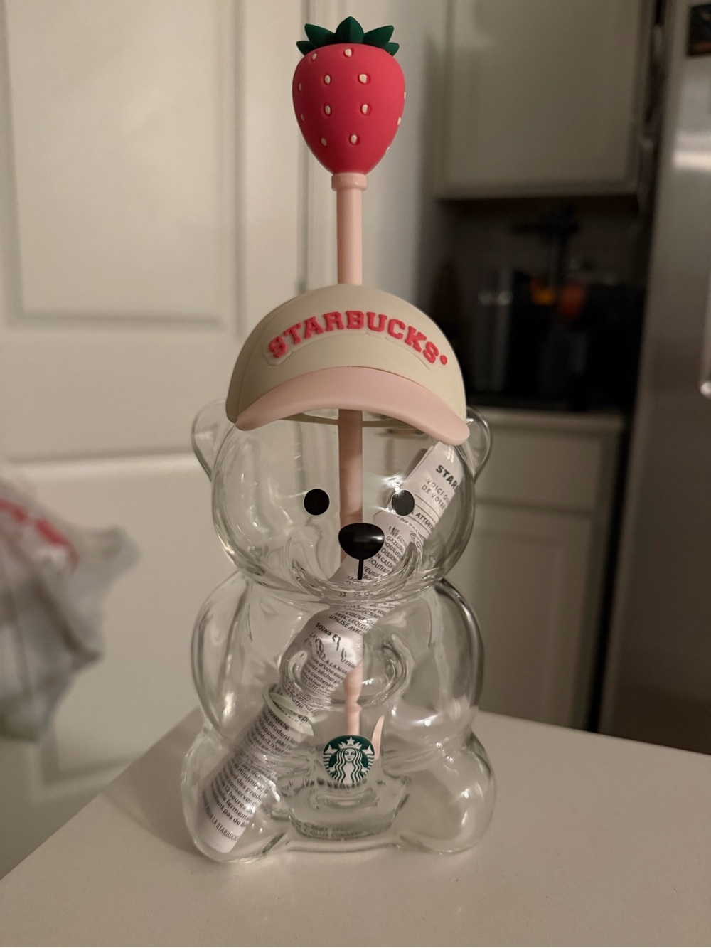 Starbucks Clear Bear Tumbler with Pink Cap, Pink Straw, and Red Strawberry Charm